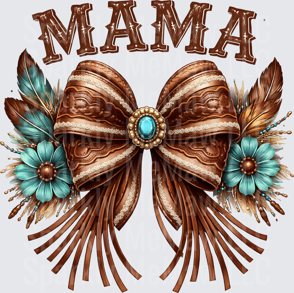Mama Brown Leather Bow with Turquoise Flowers and Feathers UV DTF Decal
