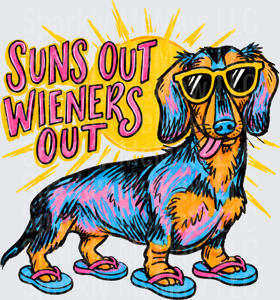 Cool Dachshund Dog in Sunglasses and Flip Flops Suns Out Wieners Out Summer Vibes DTF Transfer for Fabric