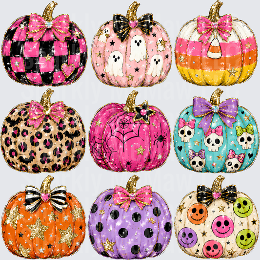 Glam Halloween Pumpkin Bundle Pink Black Ghosts Skulls Leopard Spider Web Candy Corn Smiley Face Bow Designs UV DTF 10x10 element sheet