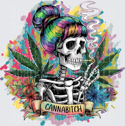 Cannabitch Skull with Rainbow Hair and Cannabis Leaves Watercolor Design UV DTF Decal