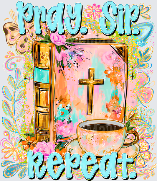 Pray Sip Repeat Floral Bible Cross Coffee Cup Boho Christian Faith DTF Transfer for Fabrics