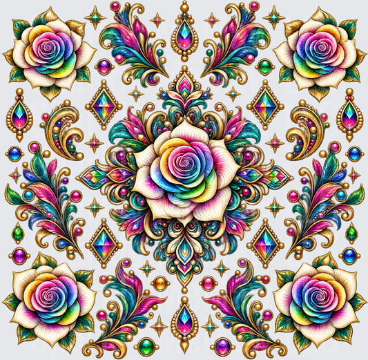 Rainbow Rose Jeweled Baroque Ornamental Symmetry This Is A 10X10 UV DTF Full Sheet