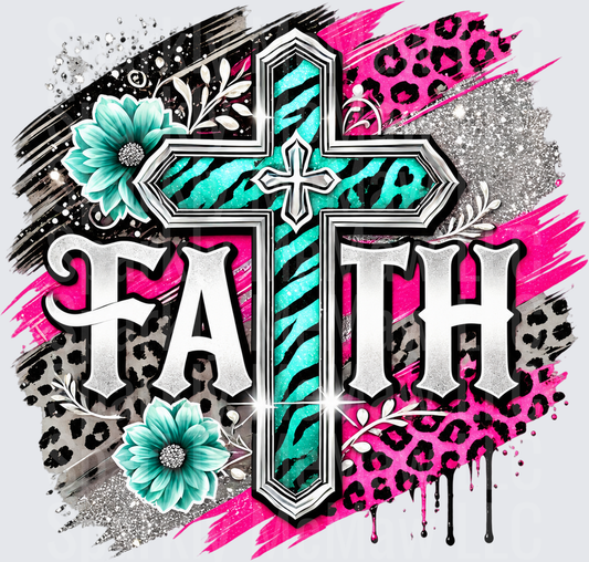 Faith Cross Leopard Glitter Floral DTF Transfer for Fabrics