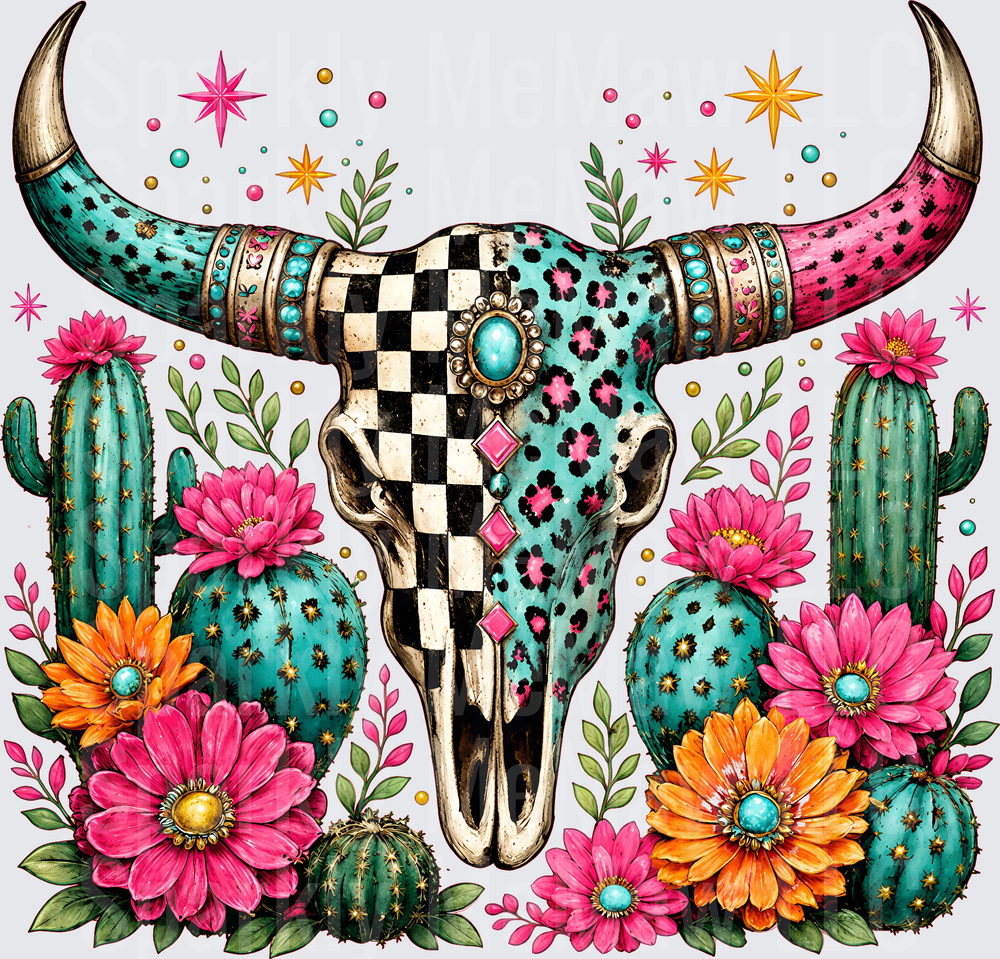 Boho Bull Skull Floral Cactus DTF Transfer