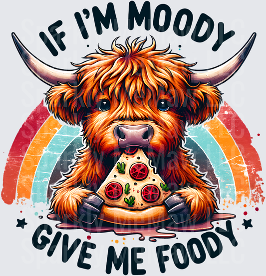 Moody Highland Cow Eating Pizza If I'm Moody Give Me Foody Vintage Rainbow UV DTF Decal