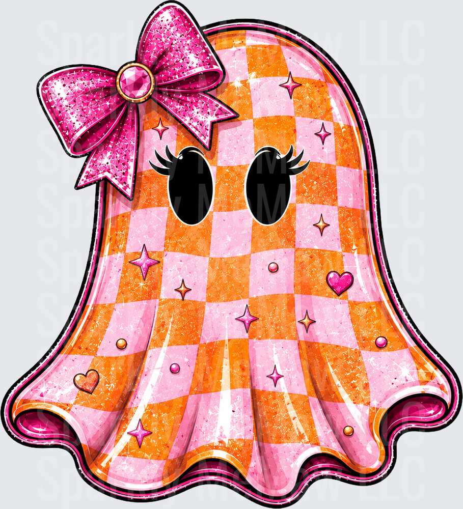 Cute Kawaii Halloween Ghost with Pink Bow Orange Pink Checkered Pattern DTF Transfer