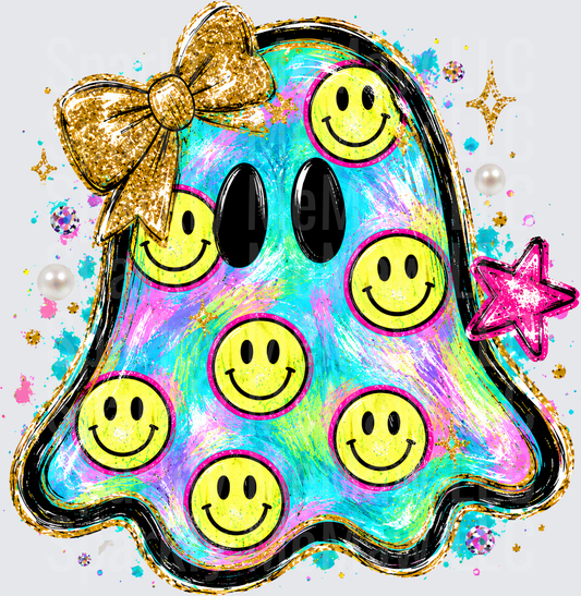 Tie Dye Ghost with Gold Glitter Bow and Yellow Smiley Faces UV DTF Decal