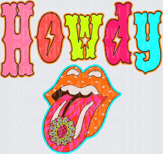 Howdy Retro Groovy Lips and Tongue with Daisy Sunflower Western Boho Colorful Typography DTF Transfer for Fabrics