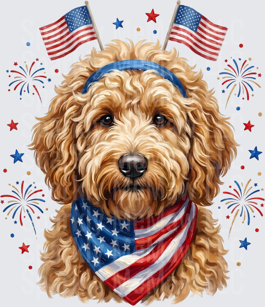 Goldendoodle Fourth of July American Flag Bandana Fireworks UV DTF Decal