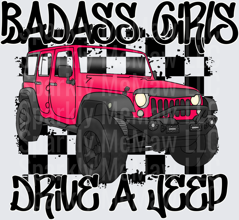 Badass Girls Drive A Jeep Pink Off-Road Vehicle Checkered Flag UV DTF Decal