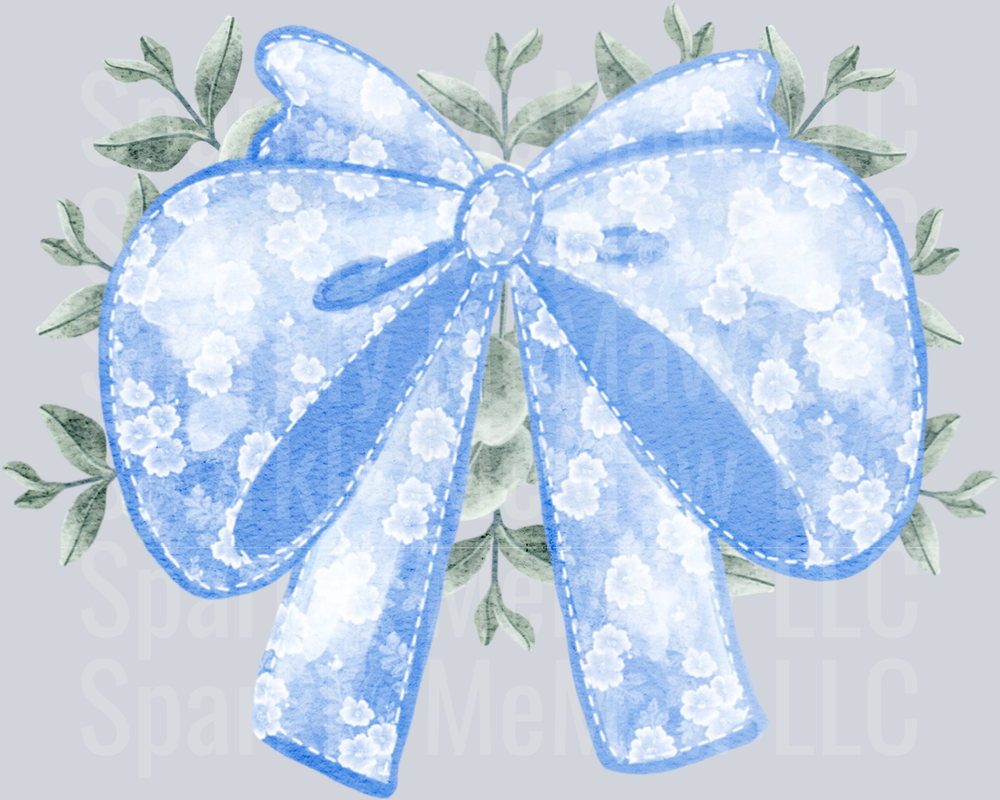 Blue Floral Watercolor Bow with Green Leaves UV DTF Decal