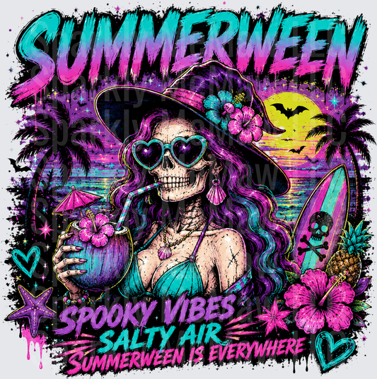 Summerween Skeleton Girl with Heart Sunglasses Tropical Beach Spooky Vibes DTF Transfer