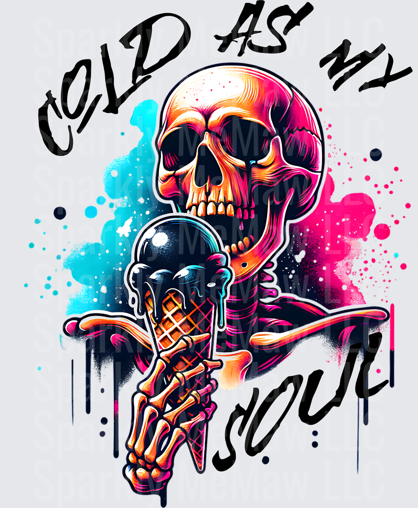 Cold As Ice Skull Eating Ice Cream Cone with Colorful Splatter Background UV DTF Decal