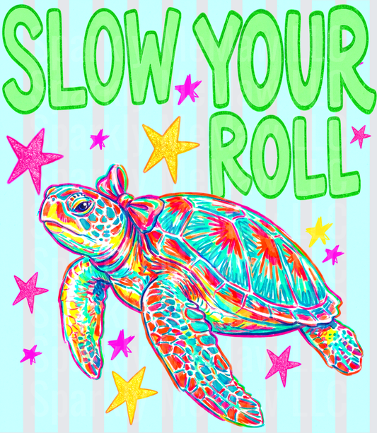 Slow Your Roll Colorful Sea Turtle with Bow and Stars on Striped Background DTF Transfer for fabrics