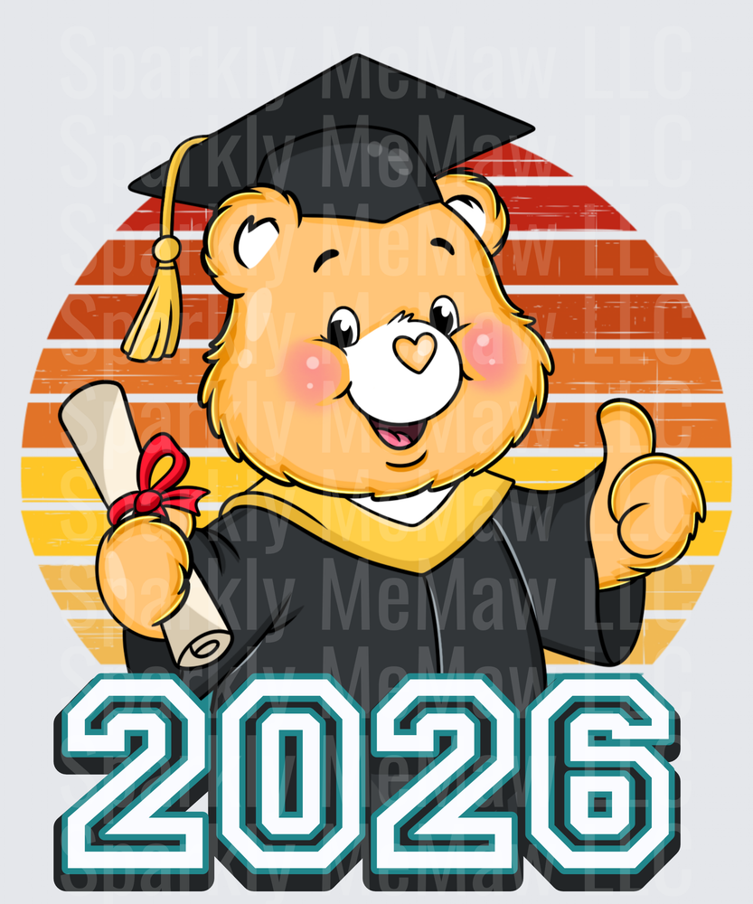 Funshine Bear Graduate with Cap and Diploma 2026 Retro Sunset UV DTF Decal