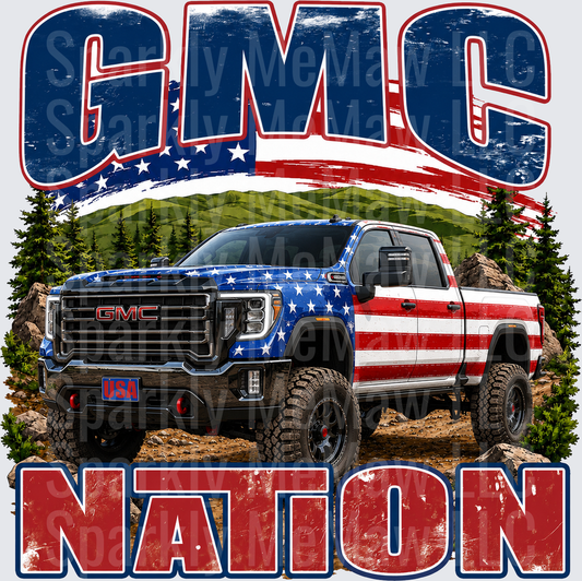 GMC Nation Patriotic American Flag Pickup Truck Off-Road Mountain Scene DTF Transfer for Fabric