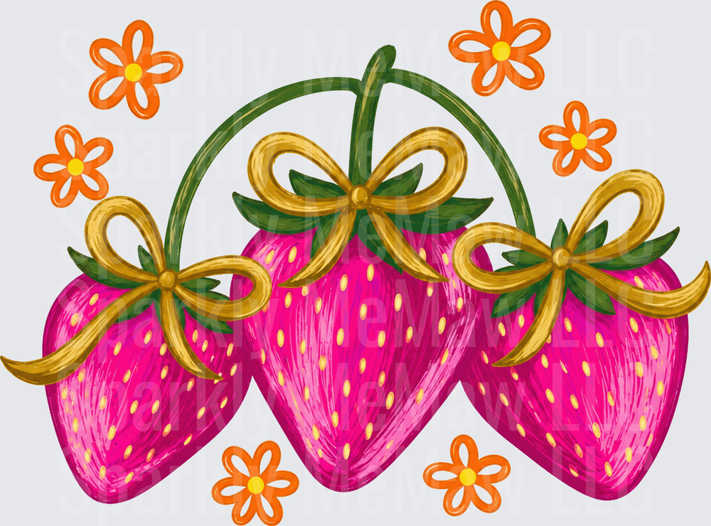 Three Pink Strawberries with Golden Bows and Orange Flowers DTF Transfer for Fabric