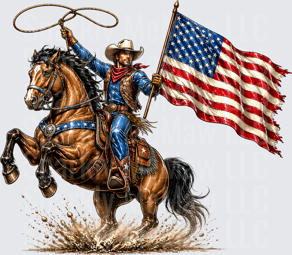 Patriotic American Cowboy Riding Rearing Horse Waving USA Flag with Lasso UV DTF Decal
