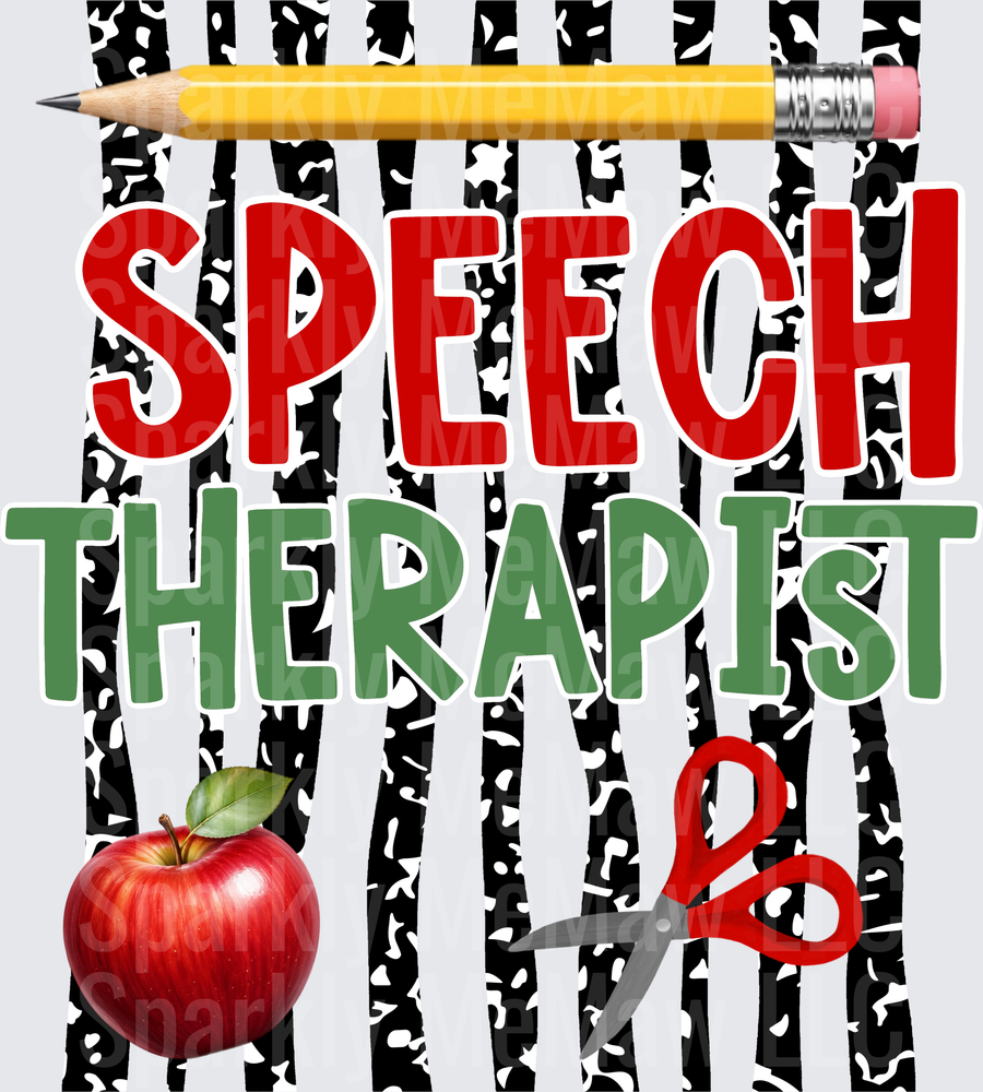 Speech Therapist DTF Transfer with Pencil Apple and Scissors on Black White Pattern Background