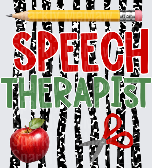 Speech Therapist DTF Transfer with Pencil Apple and Scissors on Black White Pattern Background