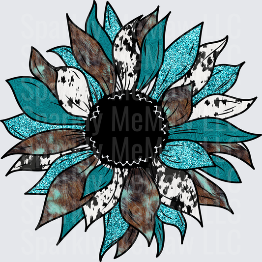 Rustic Turquoise Cow Print Sunflower with Black Center