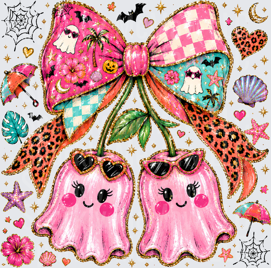 Spooky Cute Pink Ghost Cherries with Sunglasses Halloween Coquette Bow Gold Glitter Tropical Halloween Design DTF Transfer for Fabrics