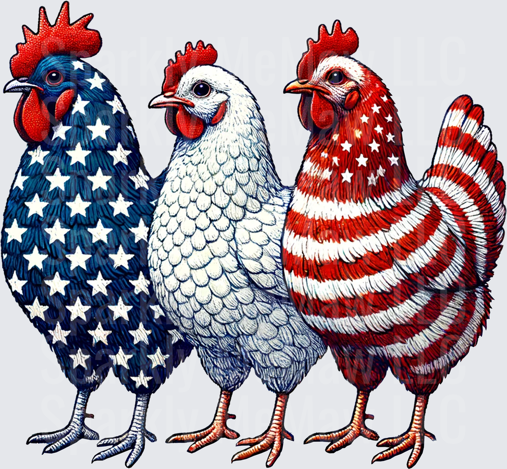 Patriotic American Flag Chickens Red White Blue Stars Stripes UV DTF Decal