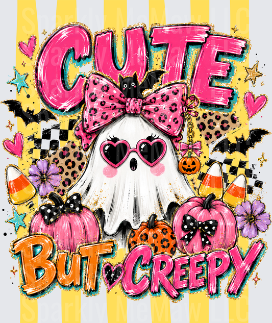 Cute But Creepy Halloween Ghost with Pink Leopard Bow Heart Sunglasses Pumpkins Bats Candy Corn DTF Transfer for Fabrics