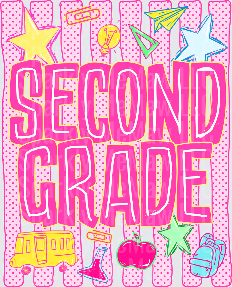 Second Grade Student DTF Transfer for Fabric with School Icons Pink Polka Dot Design