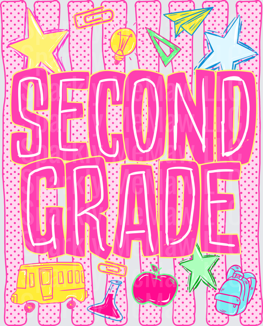 Second Grade Student DTF Transfer for Fabric with School Icons Pink Polka Dot Design