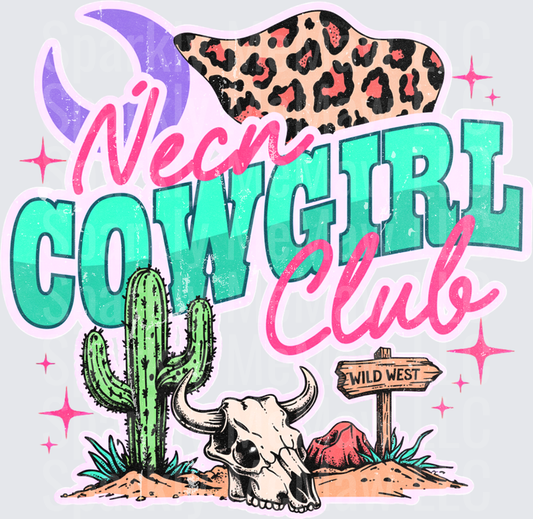 Neon Cowgirl Club Wild West Desert Scene with Leopard Print Hat Bull Skull Cactus and Crescent Moon DTF Transfer for Fabrics