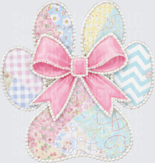 Shabby Chic Patchwork Flower with Pink Satin Bow Pearl Border