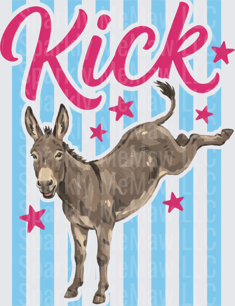 Funny Kicking Donkey with Pink Stars on Blue Stripes DTF Transfer for Fabric