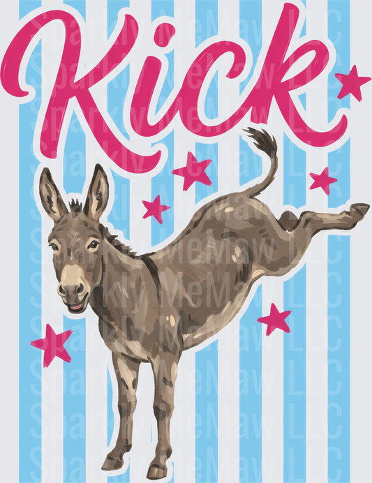 Funny Kicking Donkey with Pink Stars on Blue Stripes DTF Transfer for Fabric