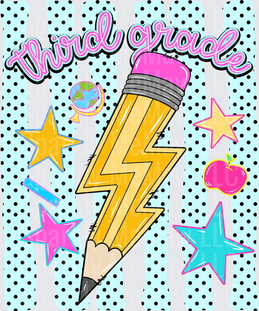 Third Grade Lightning Bolt Pencil with Stars and Apple School DTF Transfer for Fabric