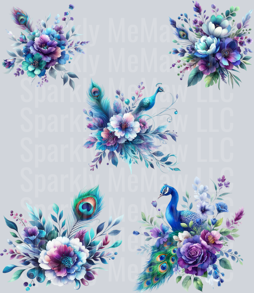 Peacock Flowers UV DTF Decal Sheet (8x9 inches)