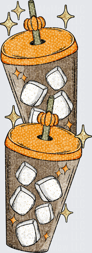 Stacked Pumpkin Spice Iced Coffee Cups with Glitter Sparkles Fall Autumn DTF Transfer (Fabrics)