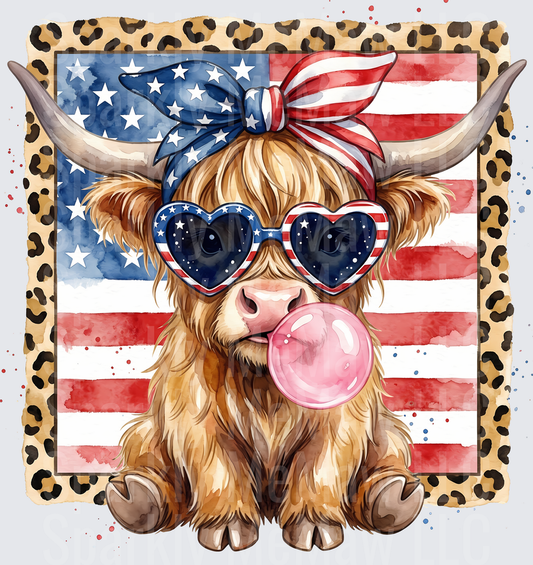 Patriotic Highland Cow with Heart Sunglasses Blowing Bubble Gum Leopard Border - This is a UV DTF Decal