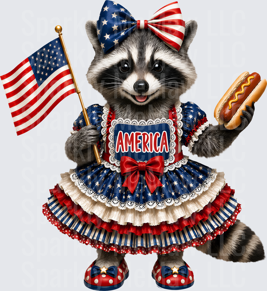 Patriotic Raccoon in American Flag Dress Holding Hot Dog and Flag UV DTF Decal