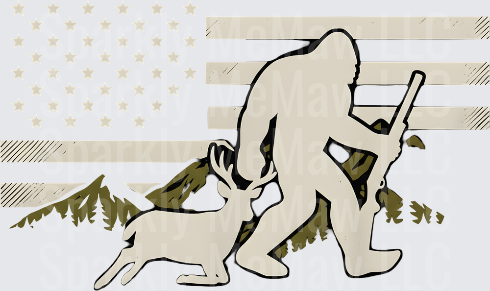 Bigfoot Sasquatch Hunter Carrying Rifle with Buck Deer American Flag Mountains uv dtf decal