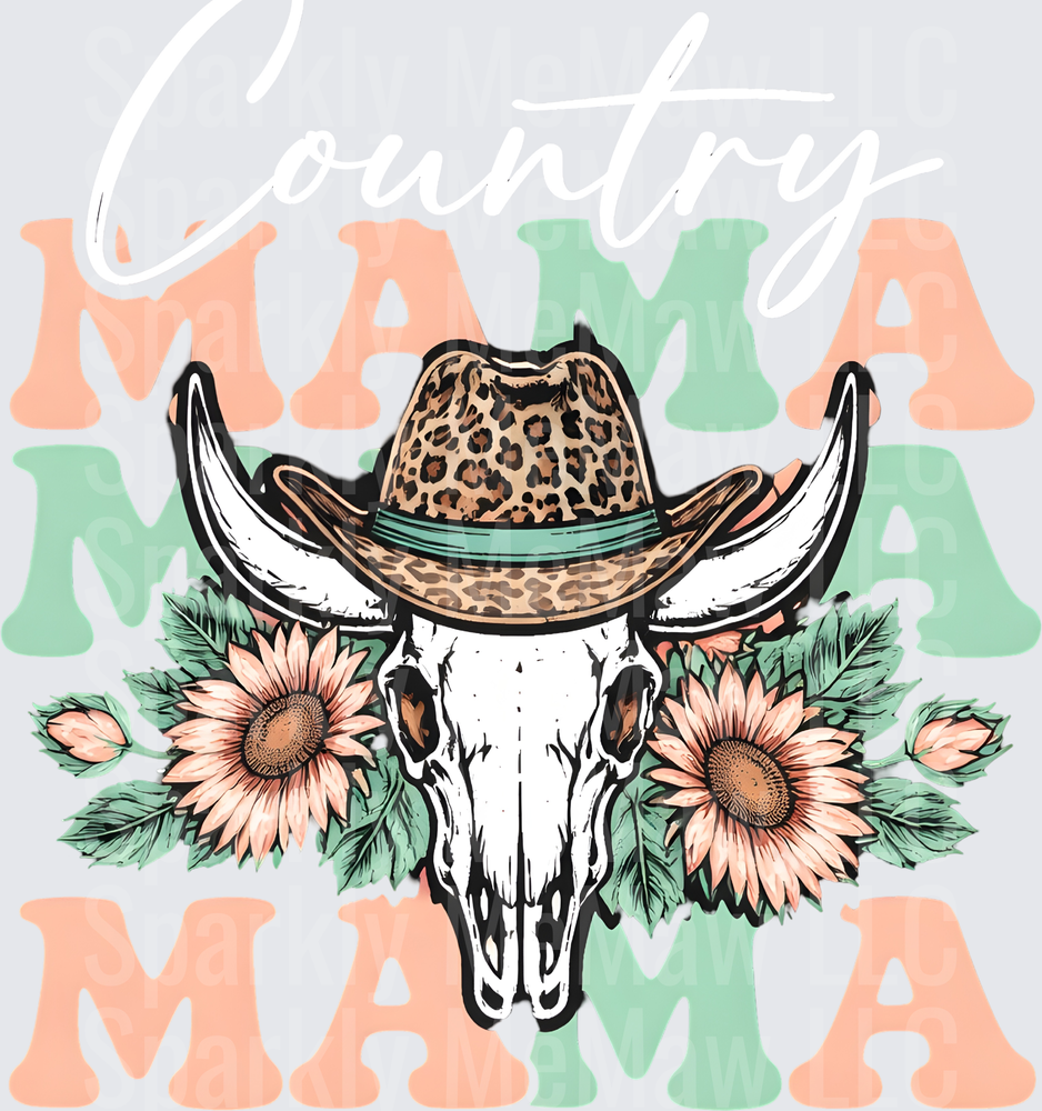 Leopard Print Cowboy Hat Bull Skull with Sunflowers Mama Text UV DTF Decal