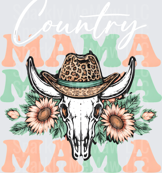 Leopard Print Cowboy Hat Bull Skull with Sunflowers Mama Text UV DTF Decal