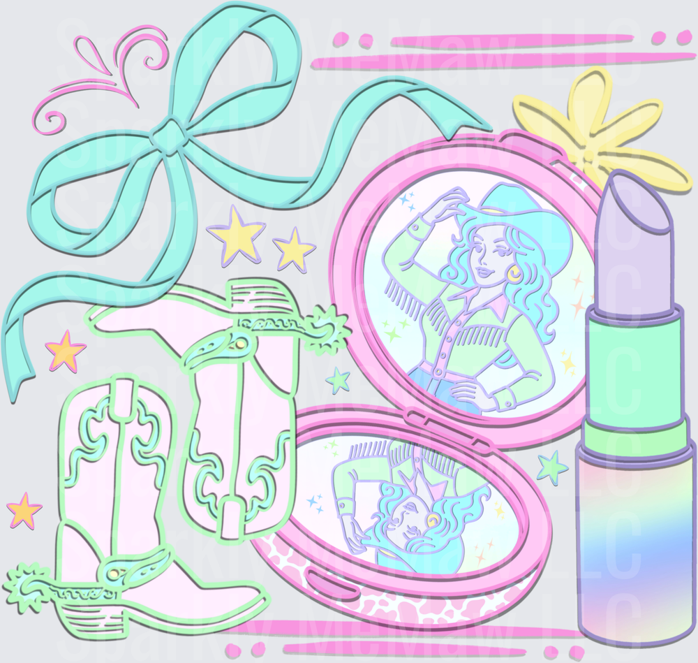 Pastel Western Boots Compact Mirror Lipstick Y2K Girly Accessories UV DTF Decal