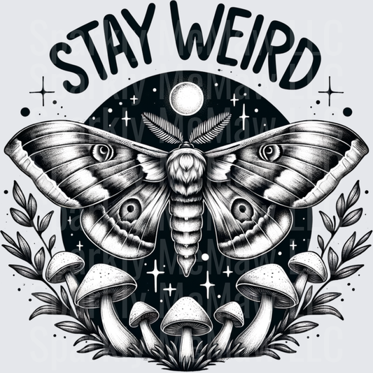 Stay Weird Moth with Mushrooms and Stars Black and White Gothic Design UV DTF Decal