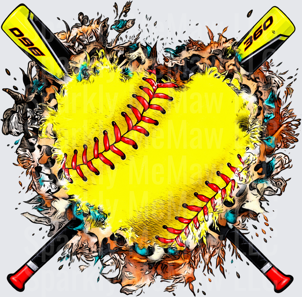 Softball Heart Crossed Bats UV DTF DECAL (HARD SMOOTH SURFACE)
