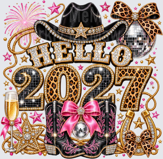 Hello 2027 New Year Cowgirl DTF Transfer for Fabrics