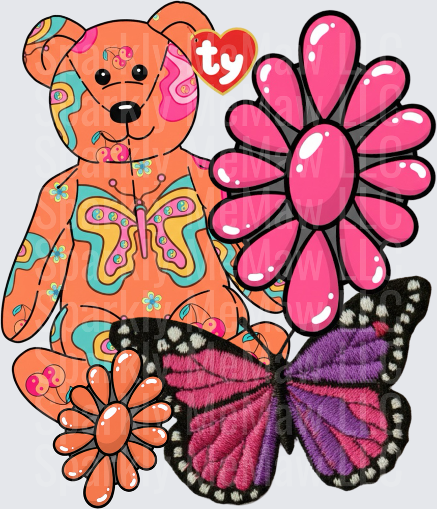 Beanie Baby Bear with Butterfly and Flowers UV DTF Decal