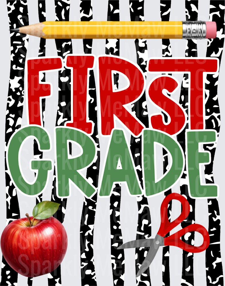 First Grade Back to School Design with Pencil Apple and Scissors DTF Transfer