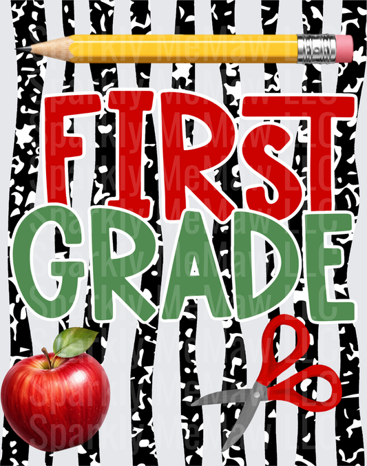 First Grade Back to School Design with Pencil Apple and Scissors DTF Transfer