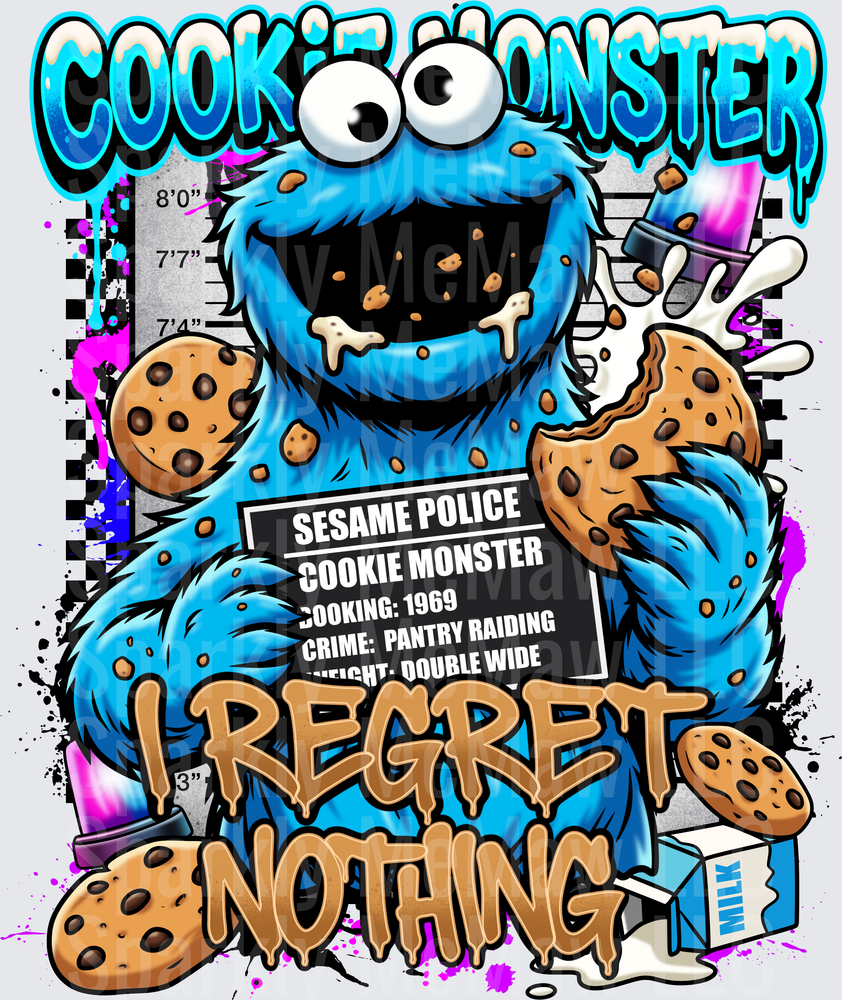 Cookie Monster I Regret Nothing Police Mugshot with Cookies and Milk DTF Transfer for Fabric